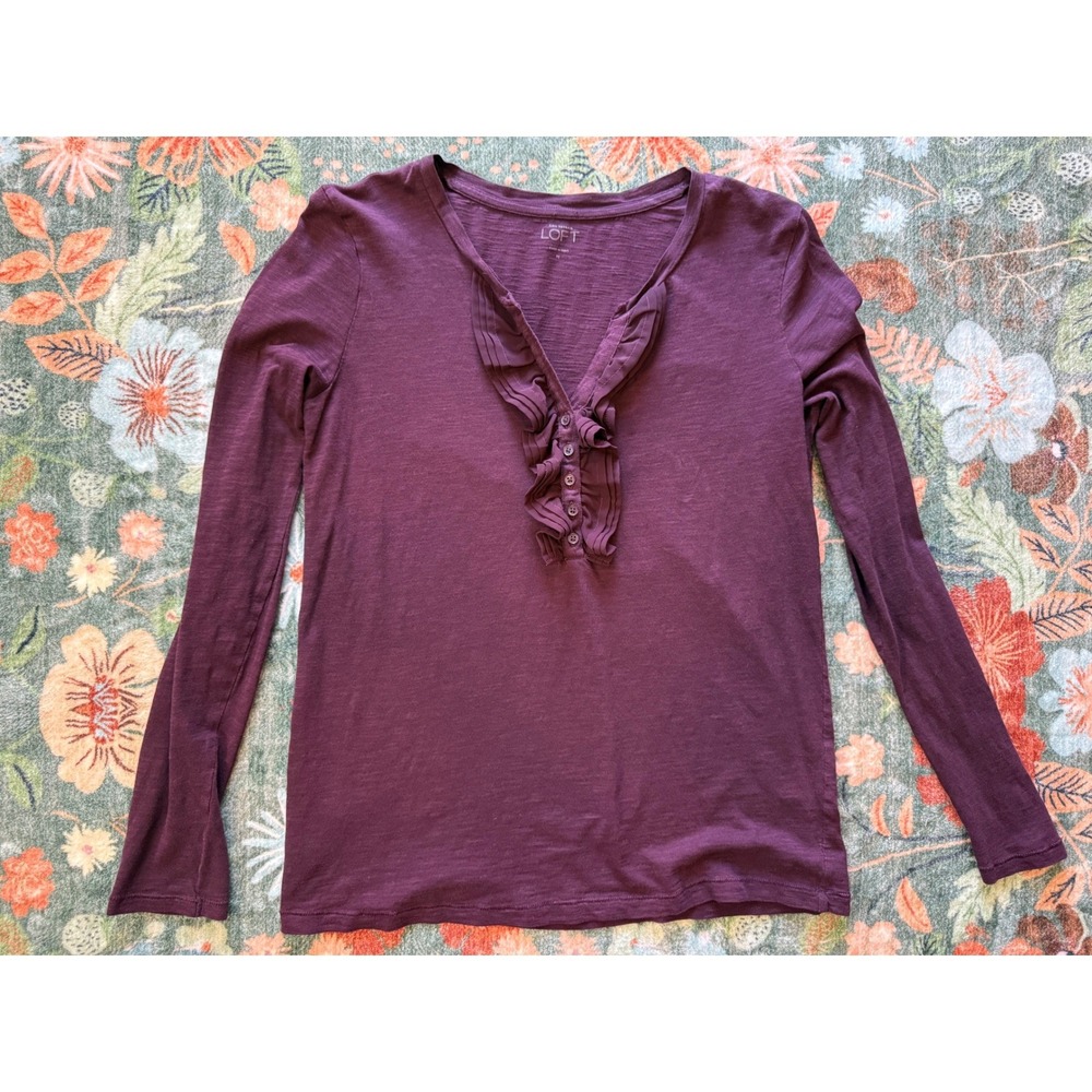 Ann Taylor LOFT Womens Plum Purple Ruffle V-Neck Long Sleeve‎ Cotton Top Size M